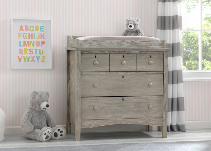 Farmhouse 3 Drawer Dresser with Changing Top and Interlocking DrawersTextured Limestone (1340)