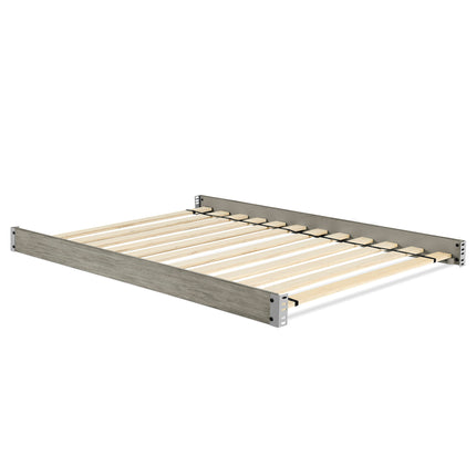 A wooden slat bed frame with a gray wood-grain headboard and footboard, shown at an angle on a plain white background.