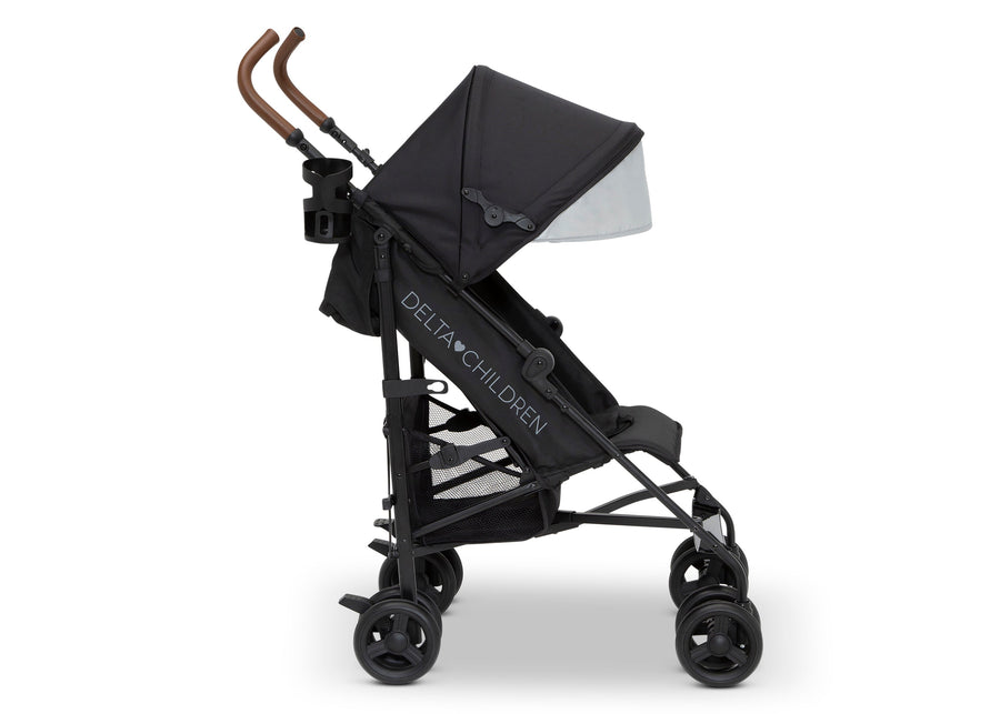 Black stroller with wooden handle on a white background, featuring the Delta Children brand. 9-365 Plus Stroller