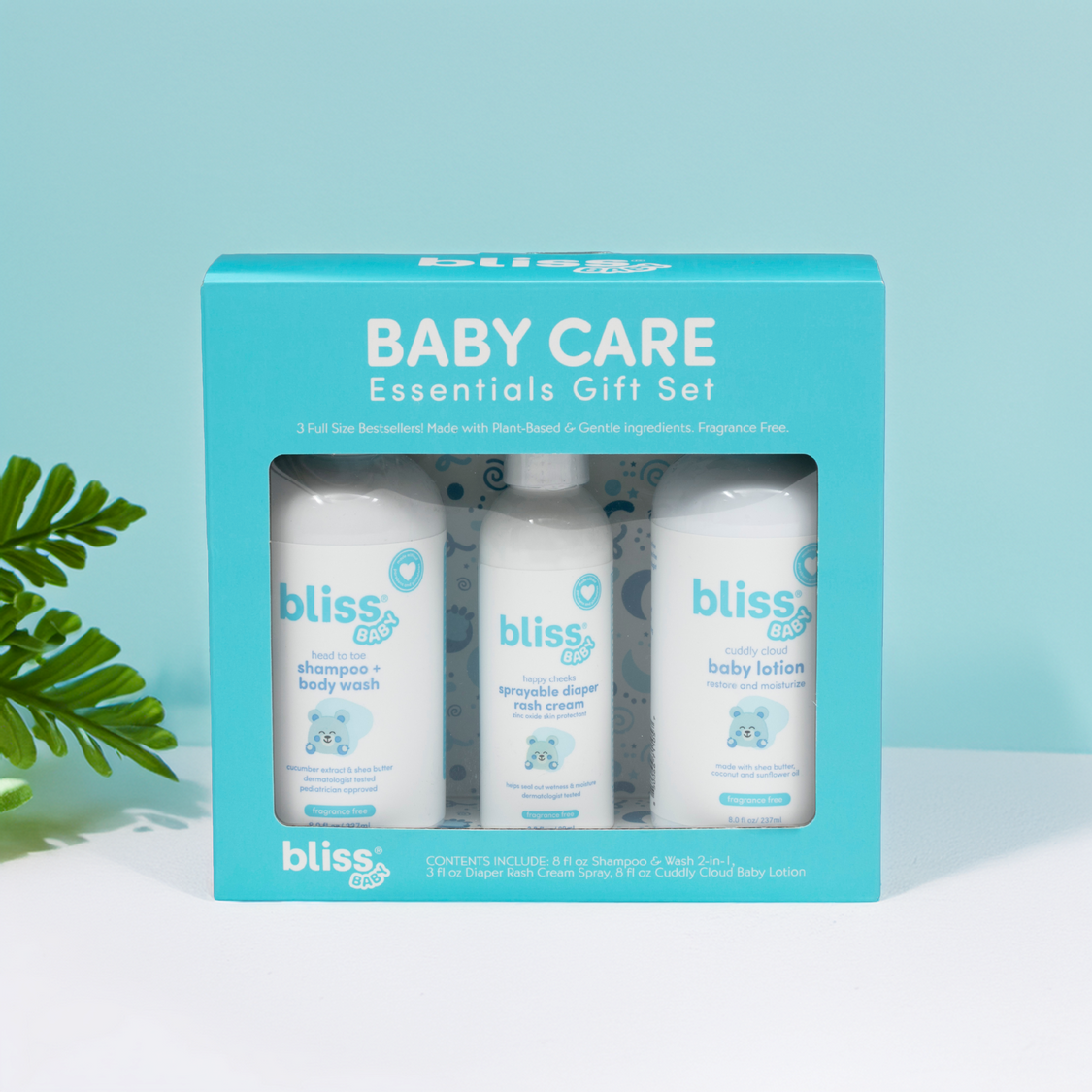Baby care essentials gift set with 'bliss' branding on a light blue background