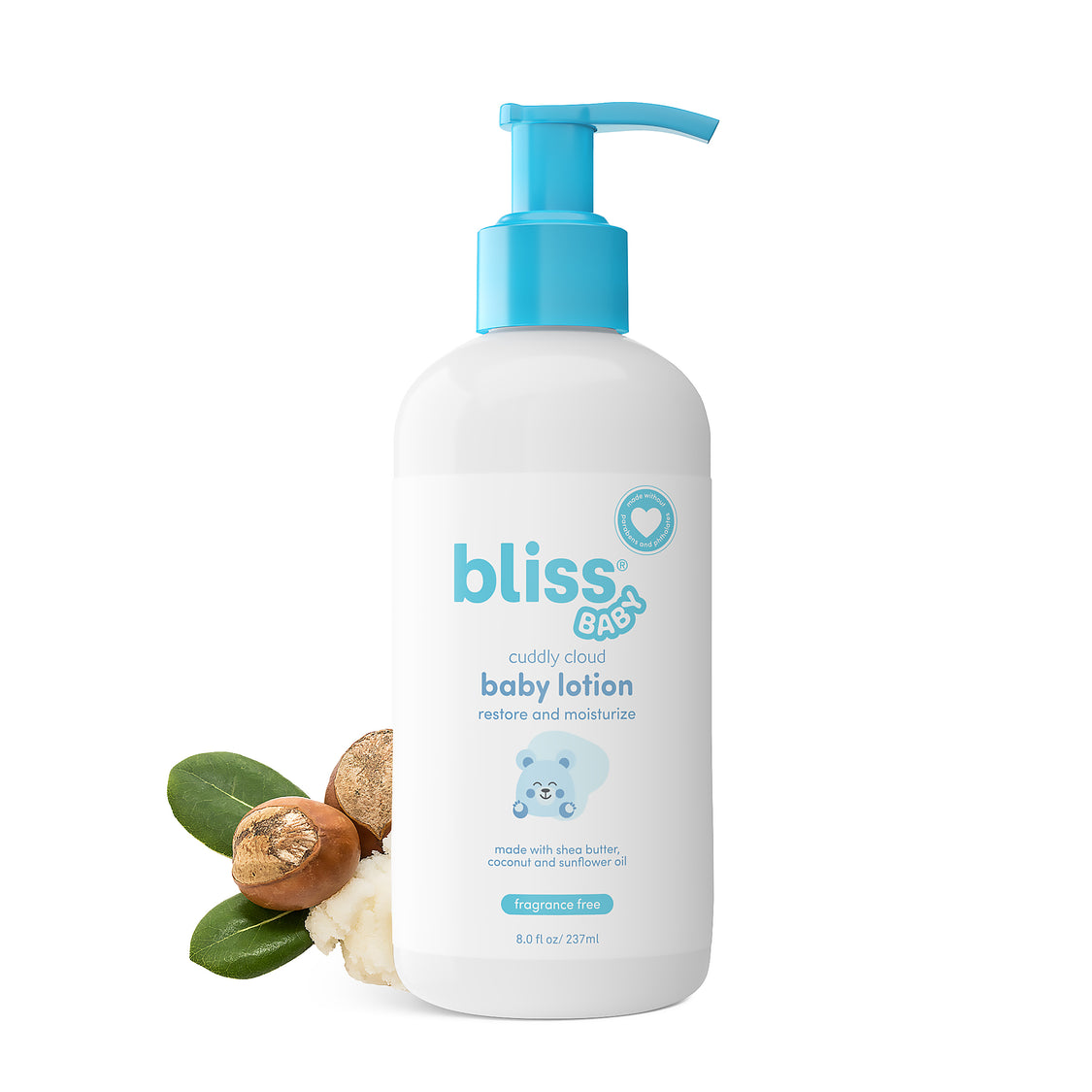 White baby lotion bottle with blue pump and 'bliss' branding on a white background