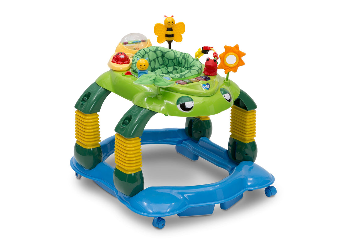 Colorful baby activity center with various toys on a white background