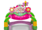 A colorful baby activity jumper toy with a pink and green frame, floral center panel, flower and bee hanging toys, and yellow-green support legs on a white background. 20-Lil’ Play Station 4-in-1 Activity Walker