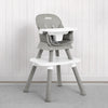 A gray and white Jeep high chair with a matching footrest, set against a white paneled wall and gray carpet. 51-Milestone 6-in-1 High Chair