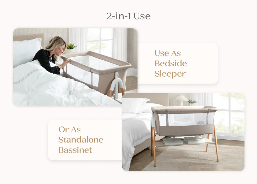 Tan (2470) 2-Bondi Adjustable Height Bedside Beechwood Bassinet