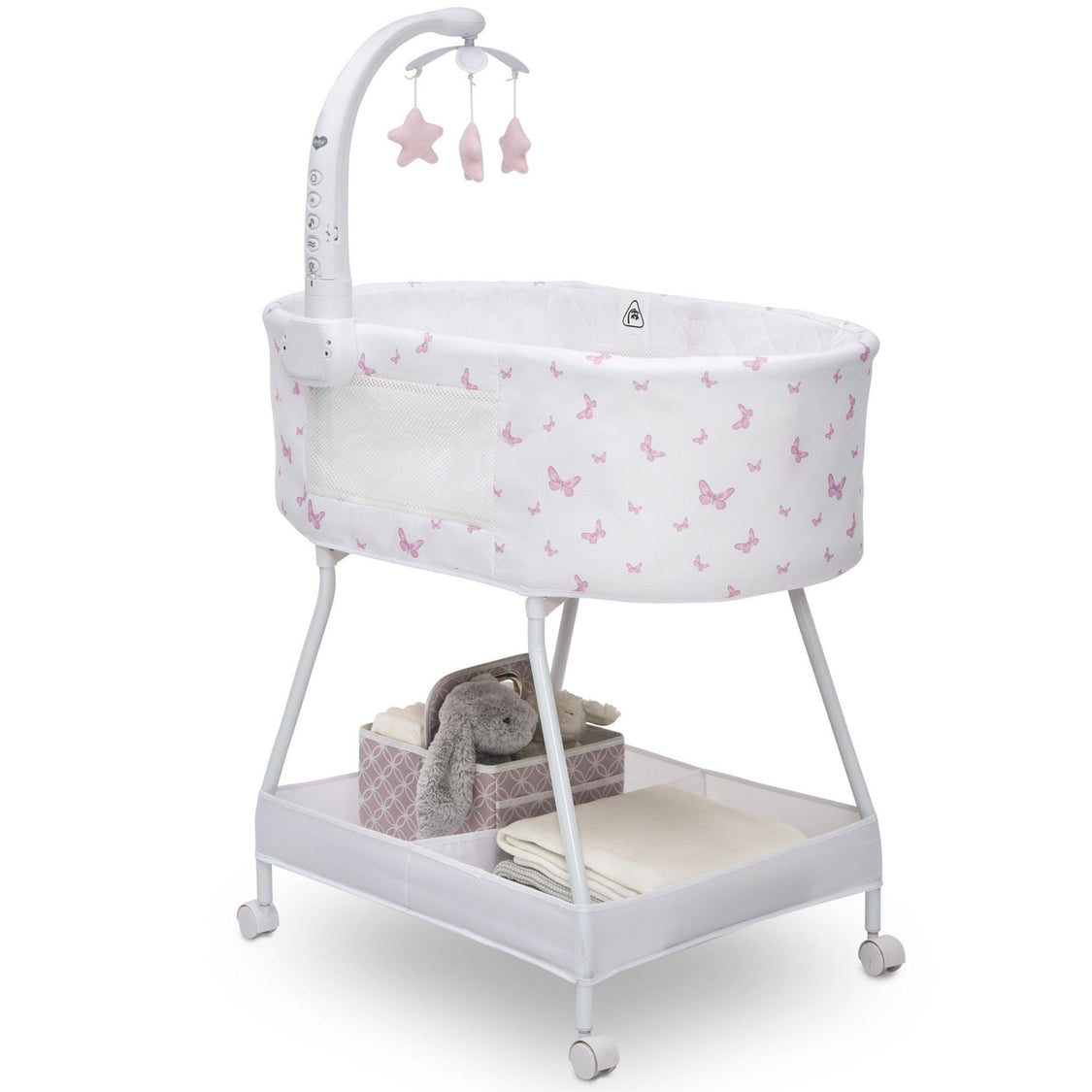Baby bassinet with pink butterfly pattern on a white background