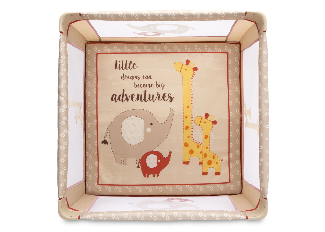 Baby playpen with animal illustrations and text on a white background