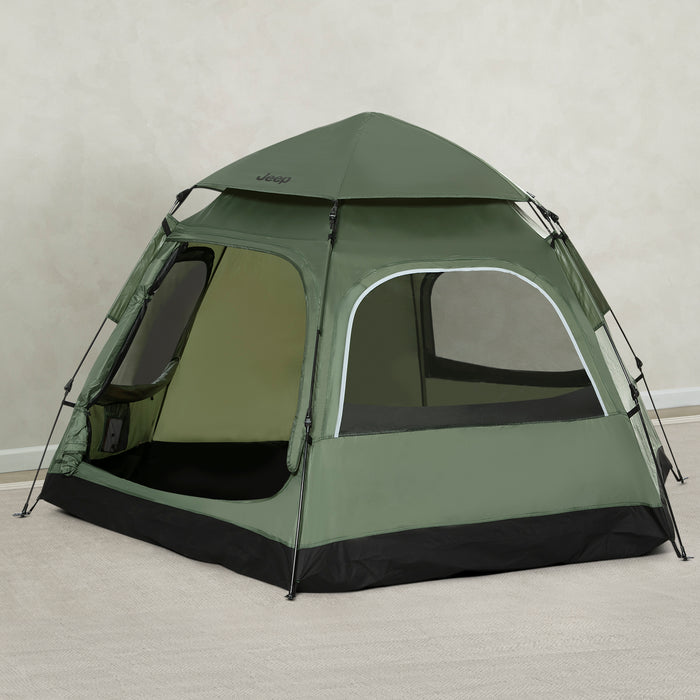 Green camping tent with black accents on a plain background 0-Compass 4-Person Pop-Up Instant Tent