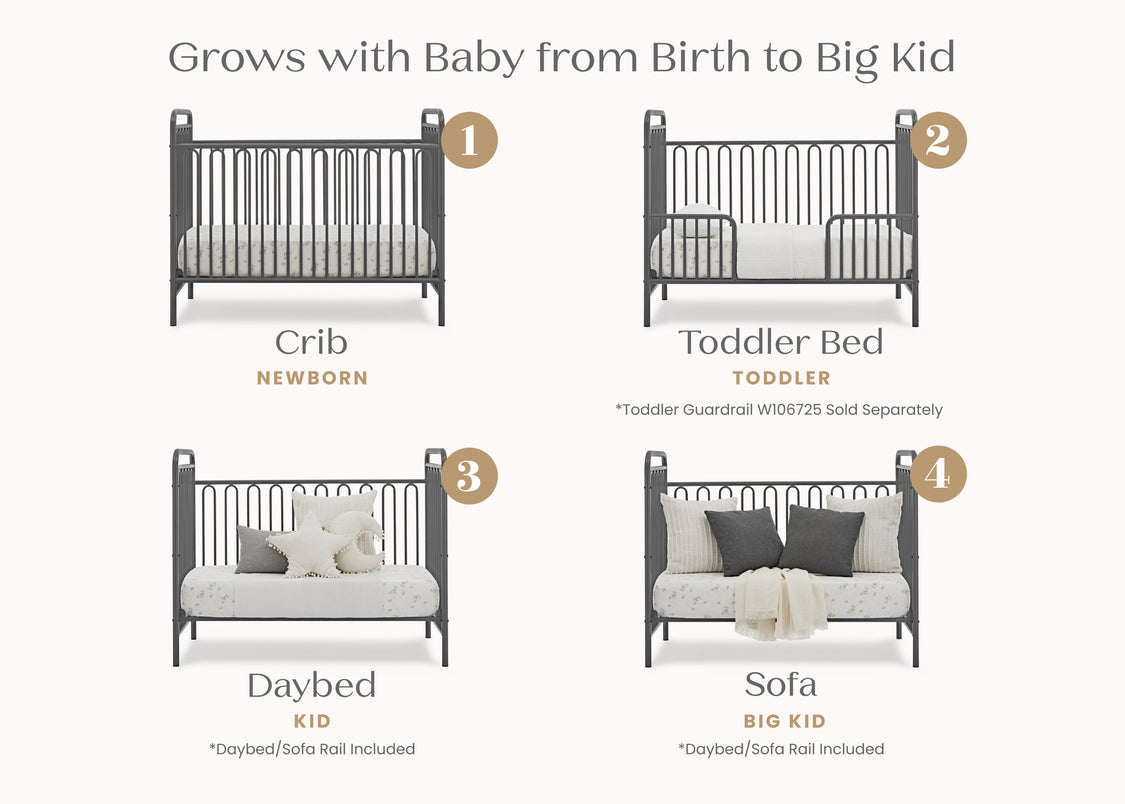Stages of a multi-functional bed product from crib to sofa on a white background
