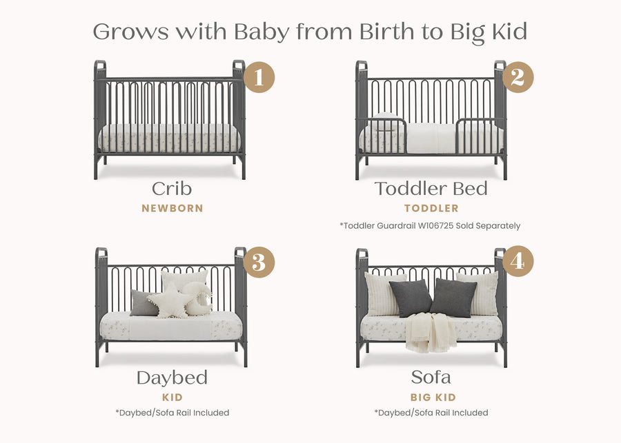 Stages of a multi-functional bed product from crib to sofa on a white background 20-Darcy 4-in-1 Convertible Metal Crib