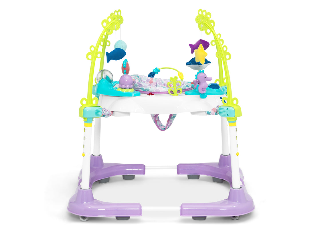 Baby activity center with colorful toys on a white background