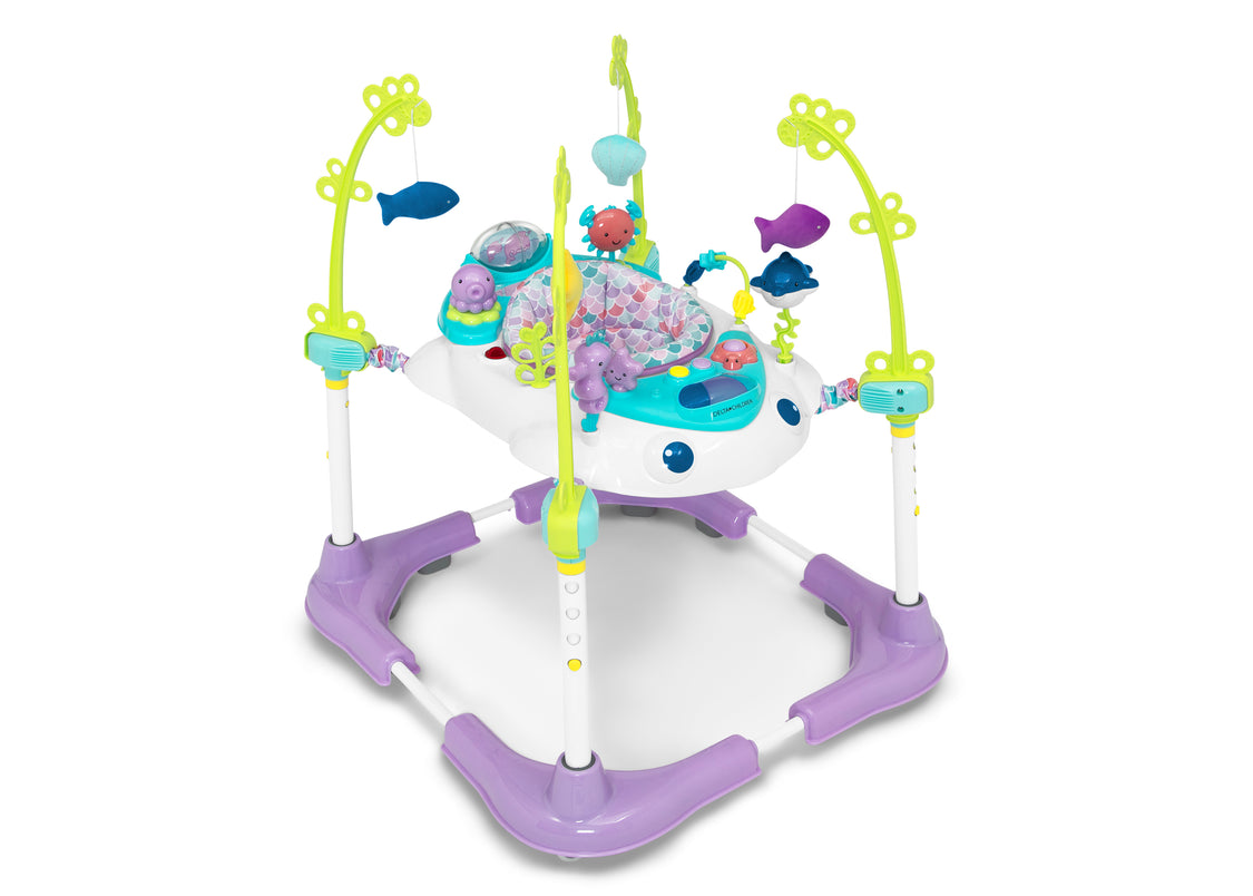 Colorful baby jumper with toys on a white background