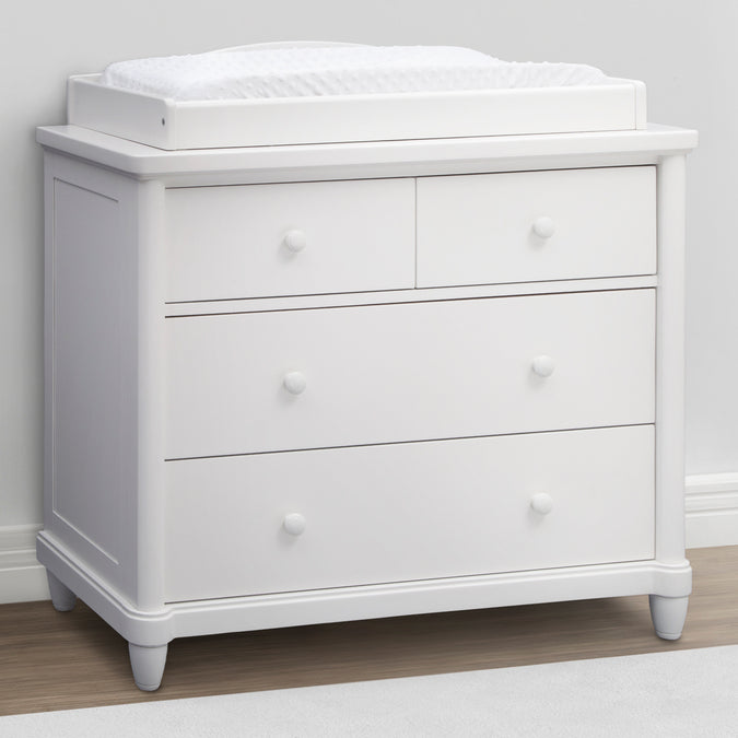 A gray Belmont 4 Drawer Dresser with a removable changing top topper, featuring safety stops on the drawers. 9-Belmont 4 Drawer Dresser with Changing Top