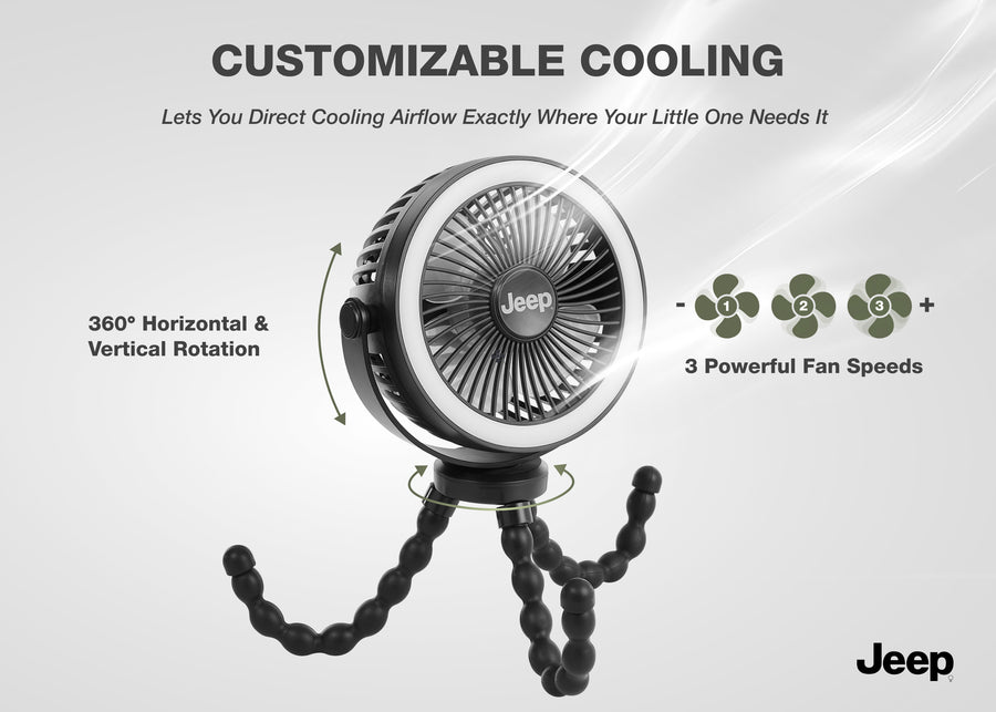 Black (001) 3-Portable LED Stroller Fan with Light & Flexible Legs