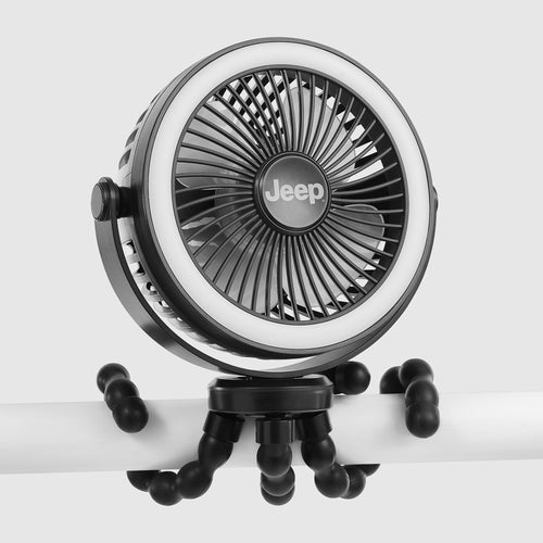 A black Jeep portable fan with a circular white LED light ring, mounted on a flexible black tripod stand against a light gray background.