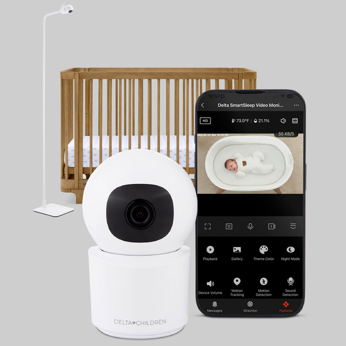 Baby monitor with smartphone displaying video feed in a bedroom setting 0-Smart Sleep Baby Monitor with Floor Stand