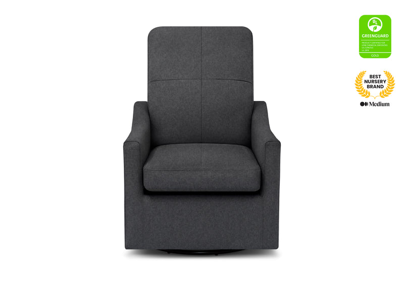 Gray armchair on a white background with certification badges displayed. 17-Kenwood Nursery Glider Swivel Rocker Chair