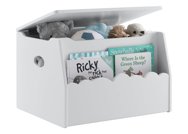 White toy storage box with stuffed animals and children's books on a white background 14-Cloud Toy Box