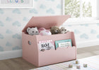 Pink toy storage box with stuffed animals and books in a child's room. 17-Cloud Toy Box