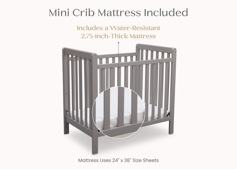 Grey (026) 7-Classic Mini Crib with 2.75-inch Mattress - Convertible to Twin Bed