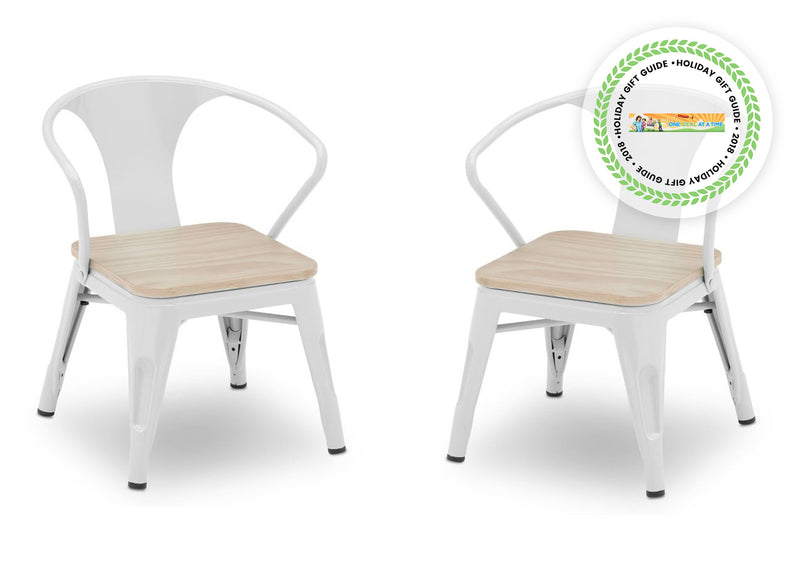 Two white metal chairs with wooden seats on a white background 20-Bistro 2-Piece Chair Set