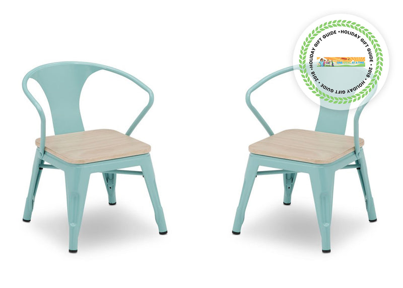 Two light blue chairs with wooden seats on a white background