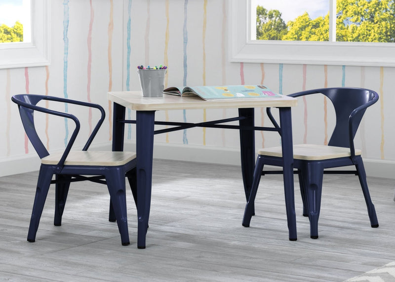 Two blue chairs and a wooden table in a room with colorful curtains. 43-Bistro 2-Piece Chair Set
