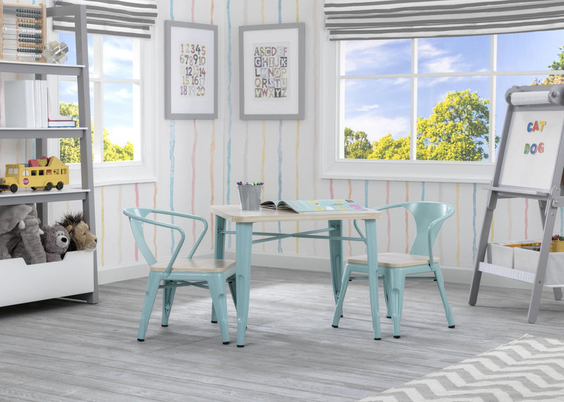 Children's playroom with a table and chairs, shelves, and a window view.