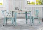 Light blue metal chairs and table with wooden seats in a room with colorful curtains and windows. 22-Bistro 2-Piece Chair Set