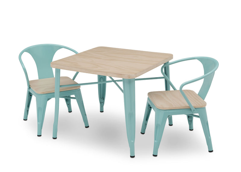 Table and chairs set with light blue metal frames and wooden seats on a white background