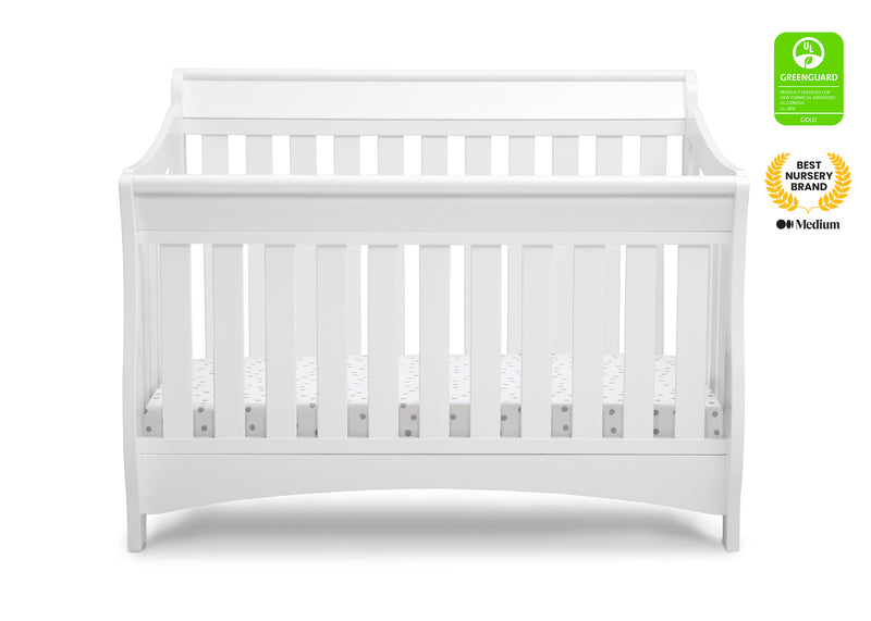 White crib with GreenGuard certification badge on a white background
