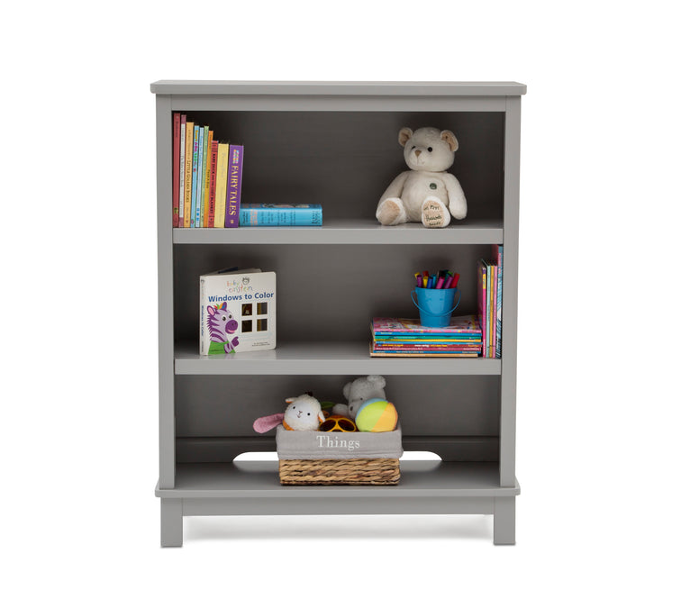 Gray bookshelf with books, toys, and a teddy bear on a white background 21-Epic Bookcase
