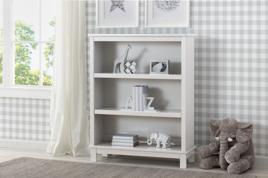 White bookshelf with decorative items in a room with checkered wallpaper 6-Epic Bookcase
