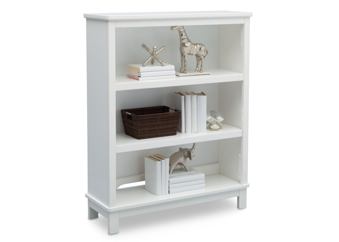 White bookshelf with decorative items on a white background