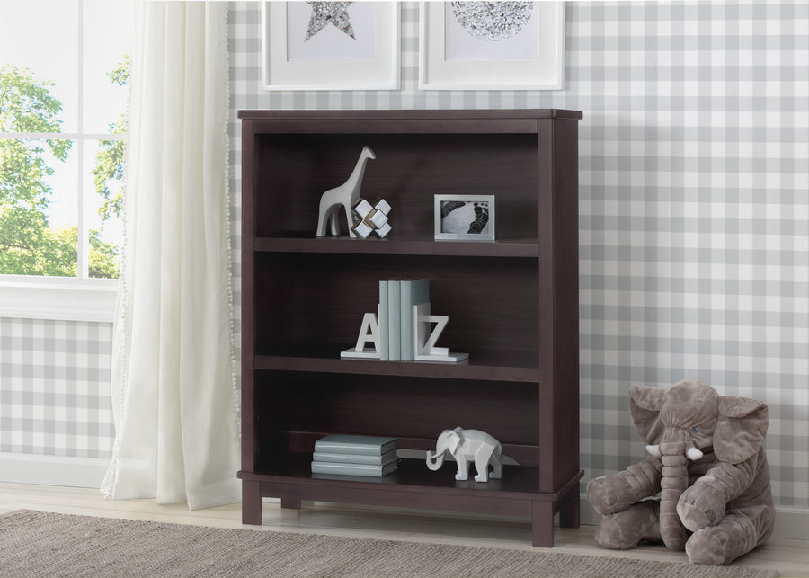 Wooden bookshelf with decorative items in a room with a checkered wall and window. 16-Epic Bookcase