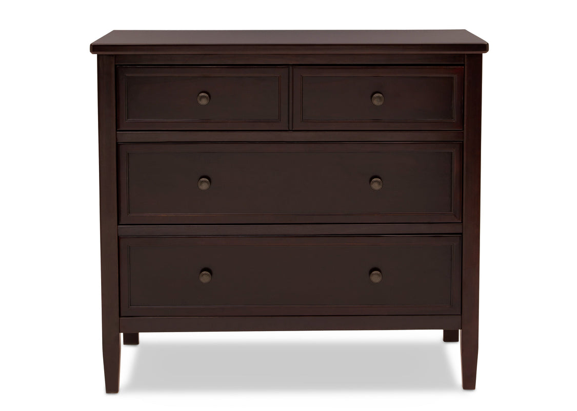 Dark brown dresser with four drawers on a white background