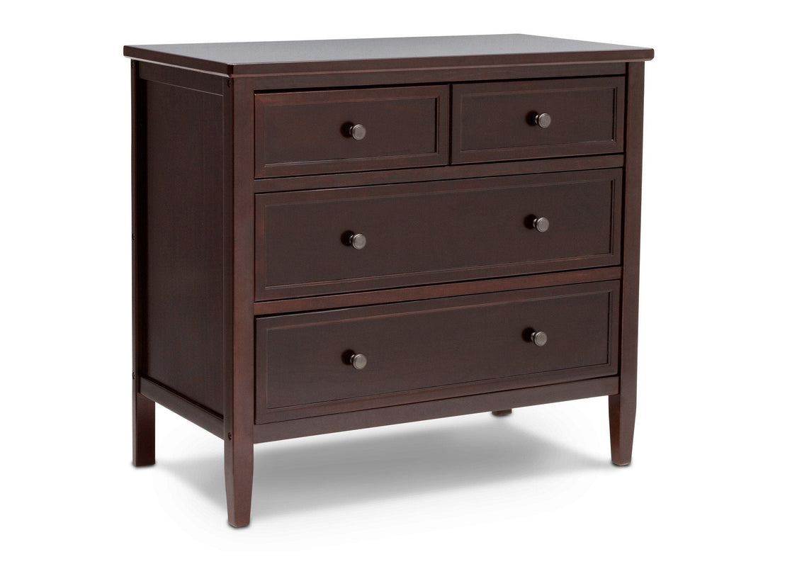 Dark wood dresser with four drawers on a white background