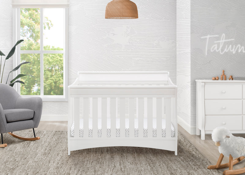 Nursery room with a white crib, gray chair, and dresser. 17-Bentley 'S' Series 4-in-1 Crib