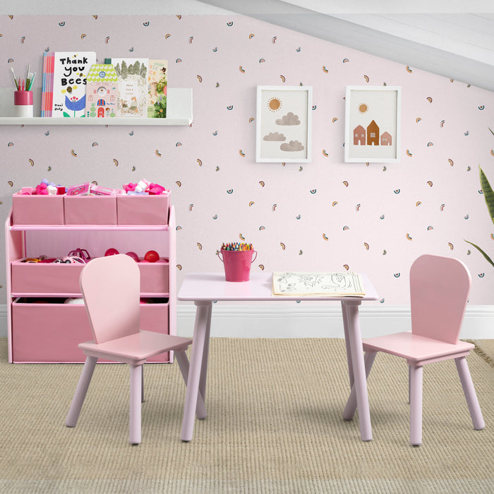 99643GN 1265 playroom set pink WM lifestyle 101 1-4-Piece Toddler Playroom Set – Includes Play Table with Dry Erase Tabletop and 6 Bin Toy Organizer with Reusable Vinyl Cling Stickers