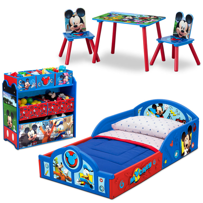 Mickey (1051) 1-Disney Mickey Mouse 5-Piece Toddler Bedroom Set - Includes Toddler Sleep and Play Bed, Table with 2 Chairs and 6 Bin Design and Store Toy Organizer