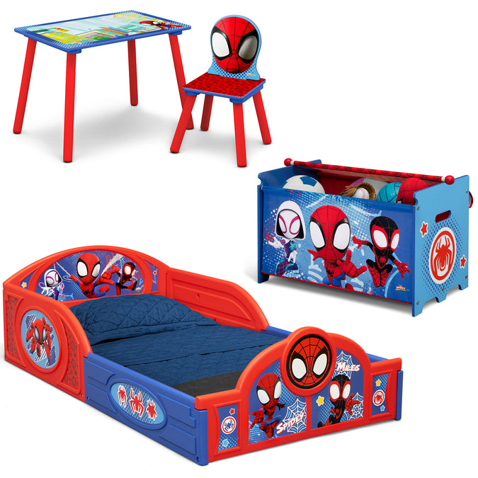 Spider-Man (1164) 2-Marvel Spidey and His Amazing Friends 4-Piece Toddler Room-in-a-Box Set – Includes Sleep and Play Toddler Bed, Table, 1 Chair and Toy Box