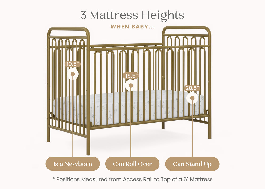 Baby crib with mattress height measurement labels for newborn, can roll over, and can stand up stages.
