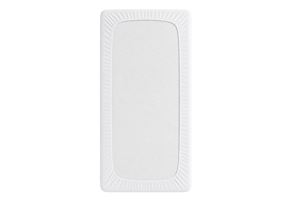 A white rectangular mat with rounded corners and a textured, ribbed border, shown against a plain white background. 11-Eco-Cool Cooling Crib Mattress Protector