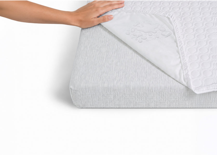 A close-up of a light gray fitted sheet on a mattress corner, with a person's hand lifting the corner to show a white quilted underside. 12-Eco-Cool Cooling Crib Mattress Protector