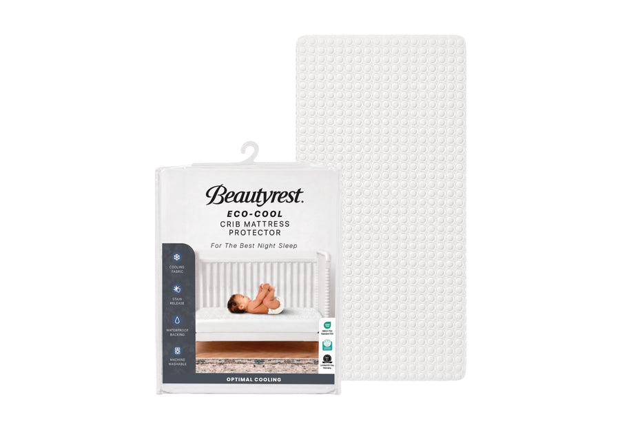 Beautyrest Cooling Cold Mattress Protector shown both inside its retail packaging and as a white textured mattress protector sheet on a plain white background. 15-Eco-Cool Cooling Crib Mattress Protector