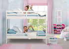 Children playing on a white bunk bed in a colorful bedroom. 1-Convertible Twin Bunk Bed with Ladder and Guardrails