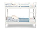 White bunk bed with blue and white bedding on a white background 2-Convertible Twin Bunk Bed with Ladder and Guardrails