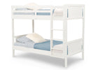 White bunk bed with blue bedding on a white background 3-Convertible Twin Bunk Bed with Ladder and Guardrails