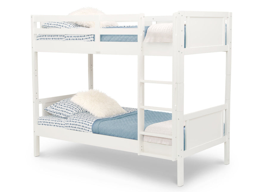 White bunk bed with blue bedding on a white background 3-Convertible Twin Bunk Bed with Ladder and Guardrails