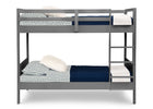 Gray metal bunk bed with blue and white bedding on a white background 12-Convertible Twin Bunk Bed with Ladder and Guardrails